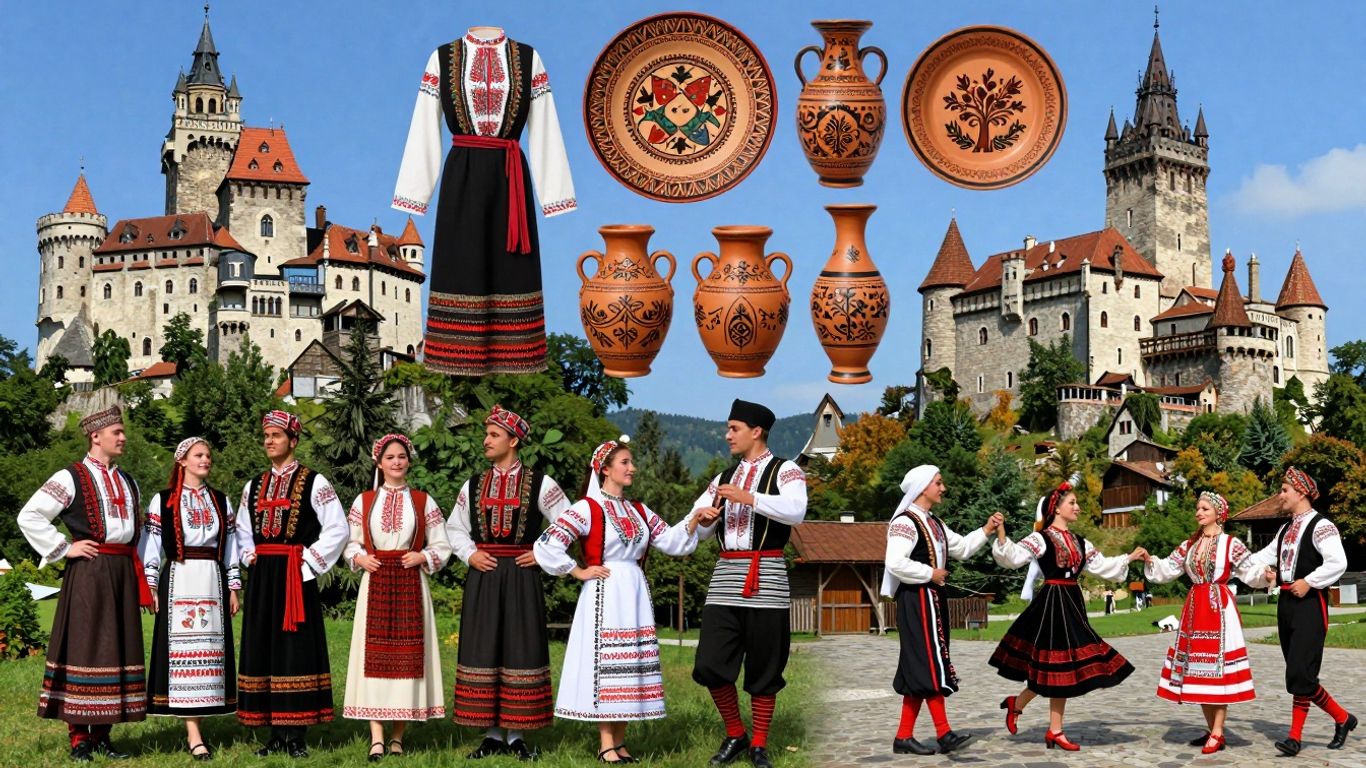 Elemente culturale românești diverse și vibrante.