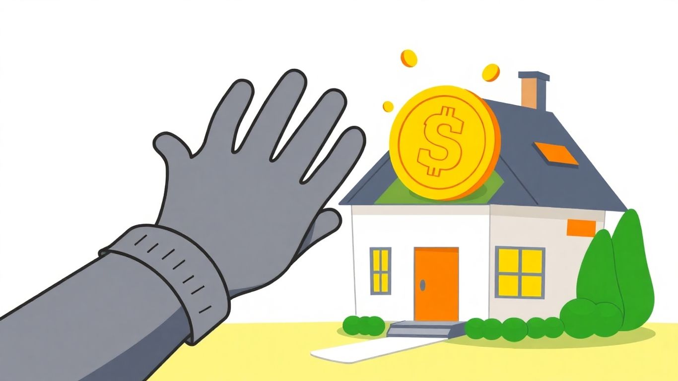 Cartoon house with golden coin and reaching hand.