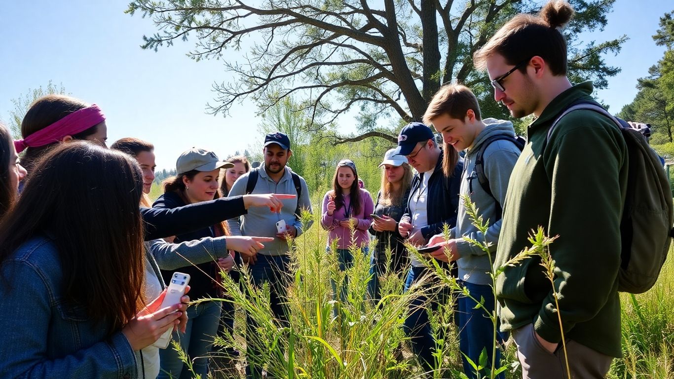 Diverse people collecting environmental data outdoors.