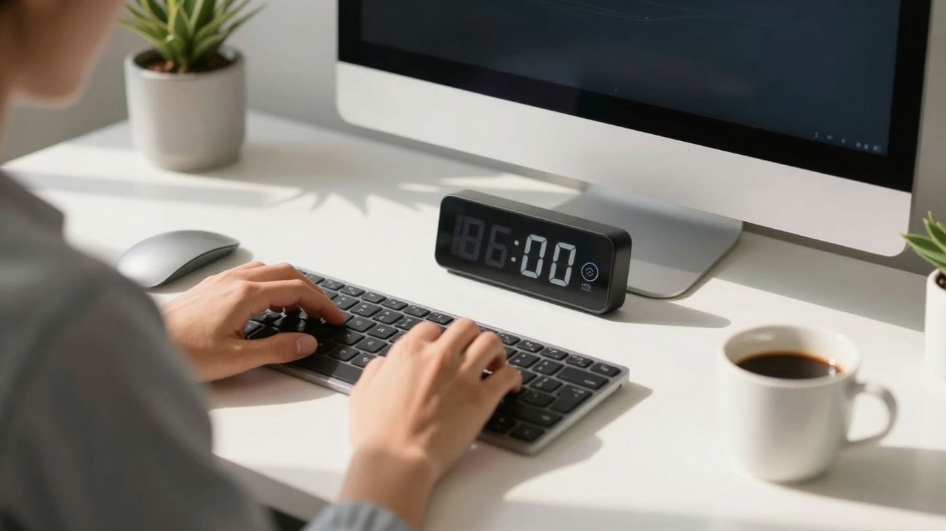 Desk with timer, coffee, and focused person.