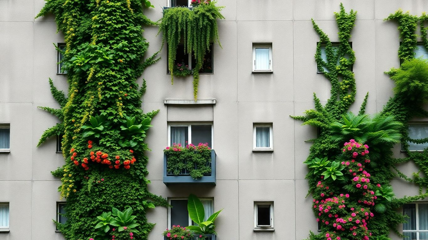 Bloc gri transformat în grădină verticală luxuriantă.