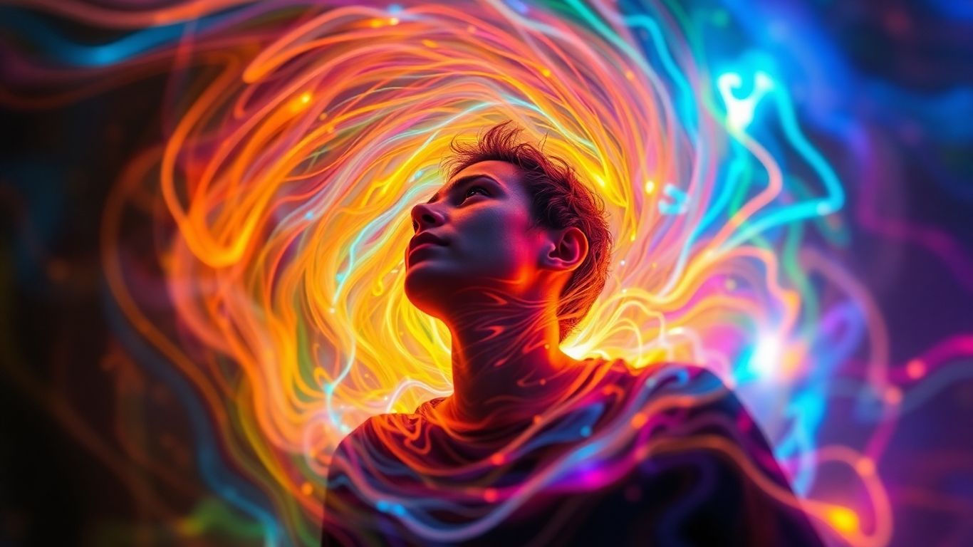 Personne entourée de couleurs vives et de lumière