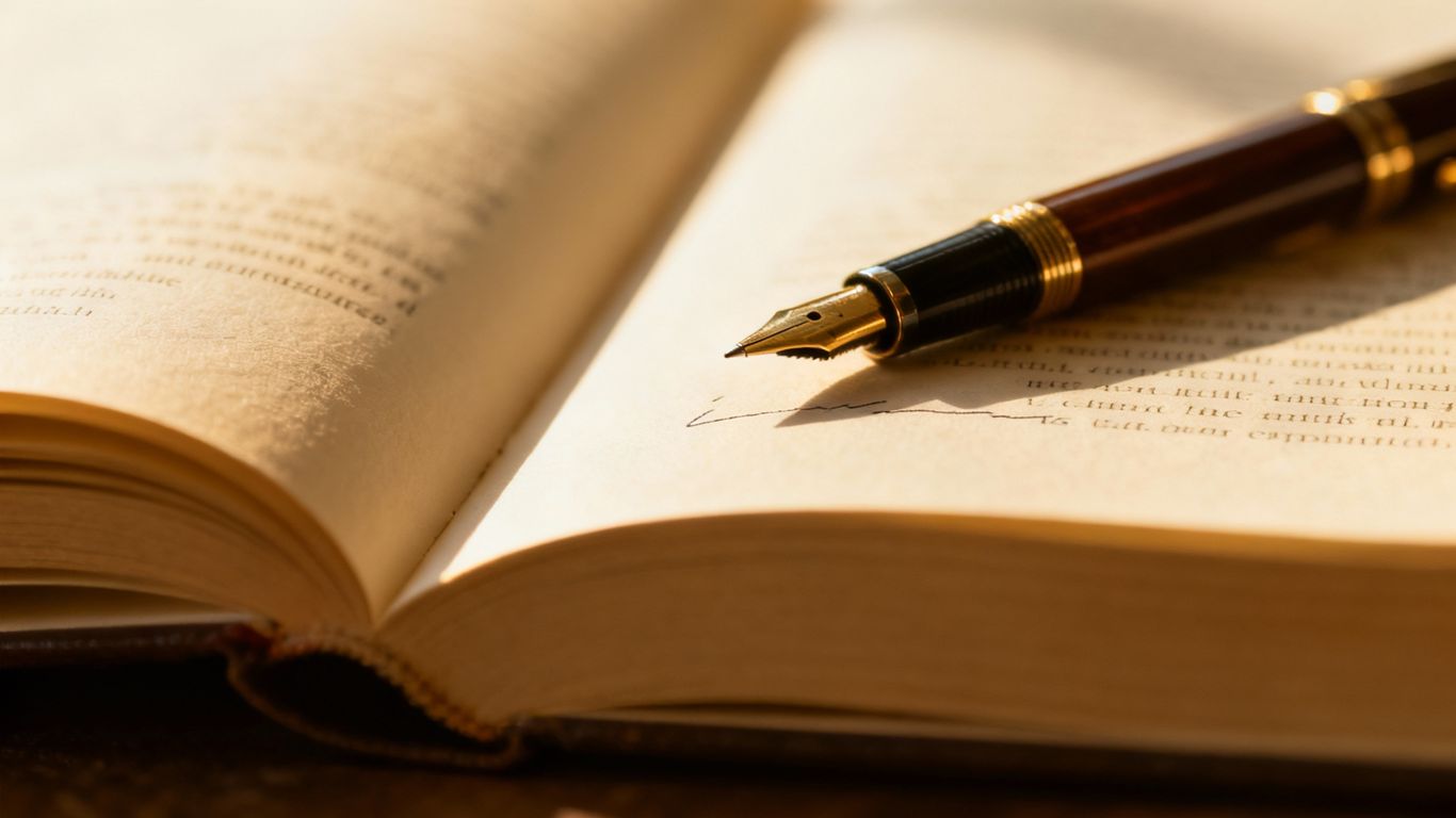 Open book with pen, ready for review.