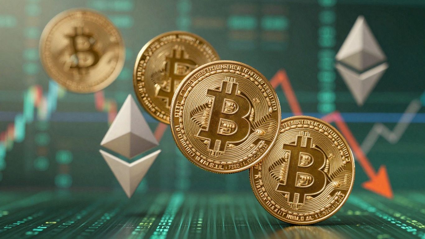 Crypto market volatility with digital currency symbols.