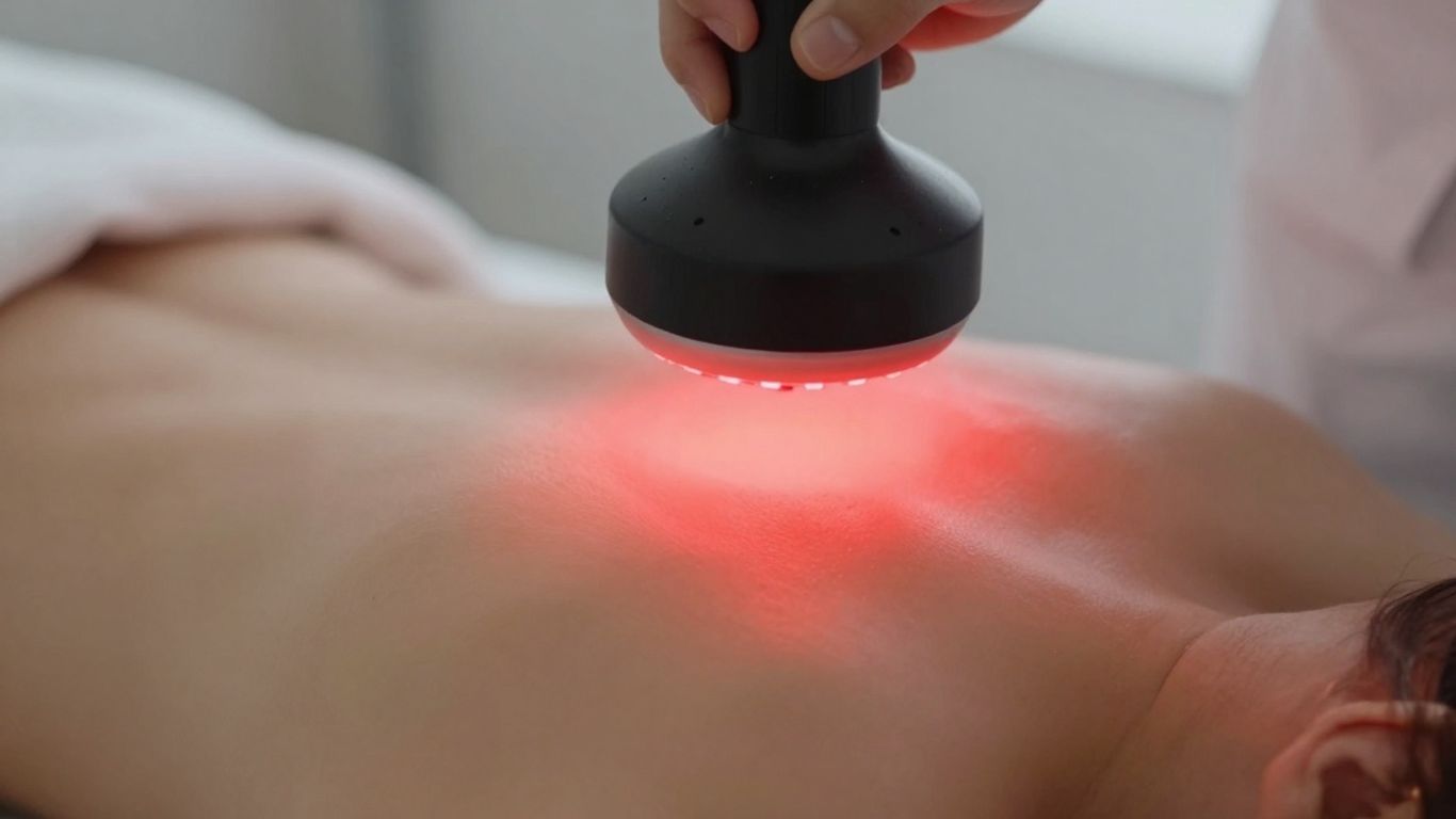 Red light therapy device glowing on skin.