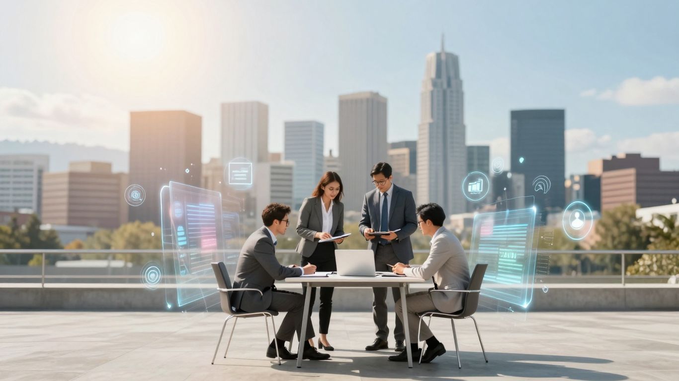 Spokane cityscape with professionals and digital marketing icons.