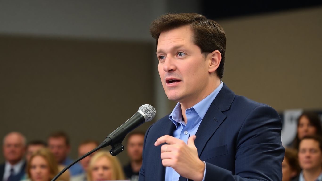 Professional speaking into a microphone at a press conference.