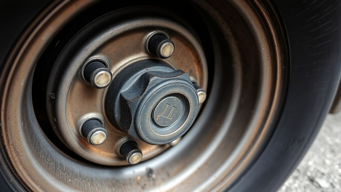 Close-up of worn car hub and uneven tire tread.
