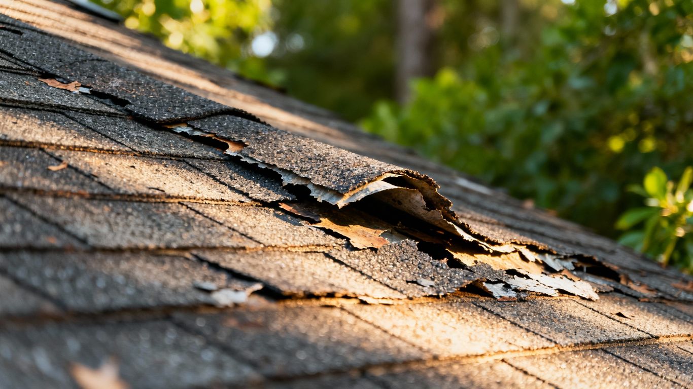 Damaged asphalt shingles on a Georgia home roof.