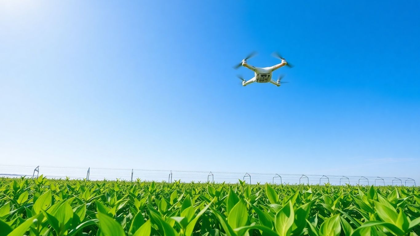 Futuristic farm field with advanced technology and healthy crops.