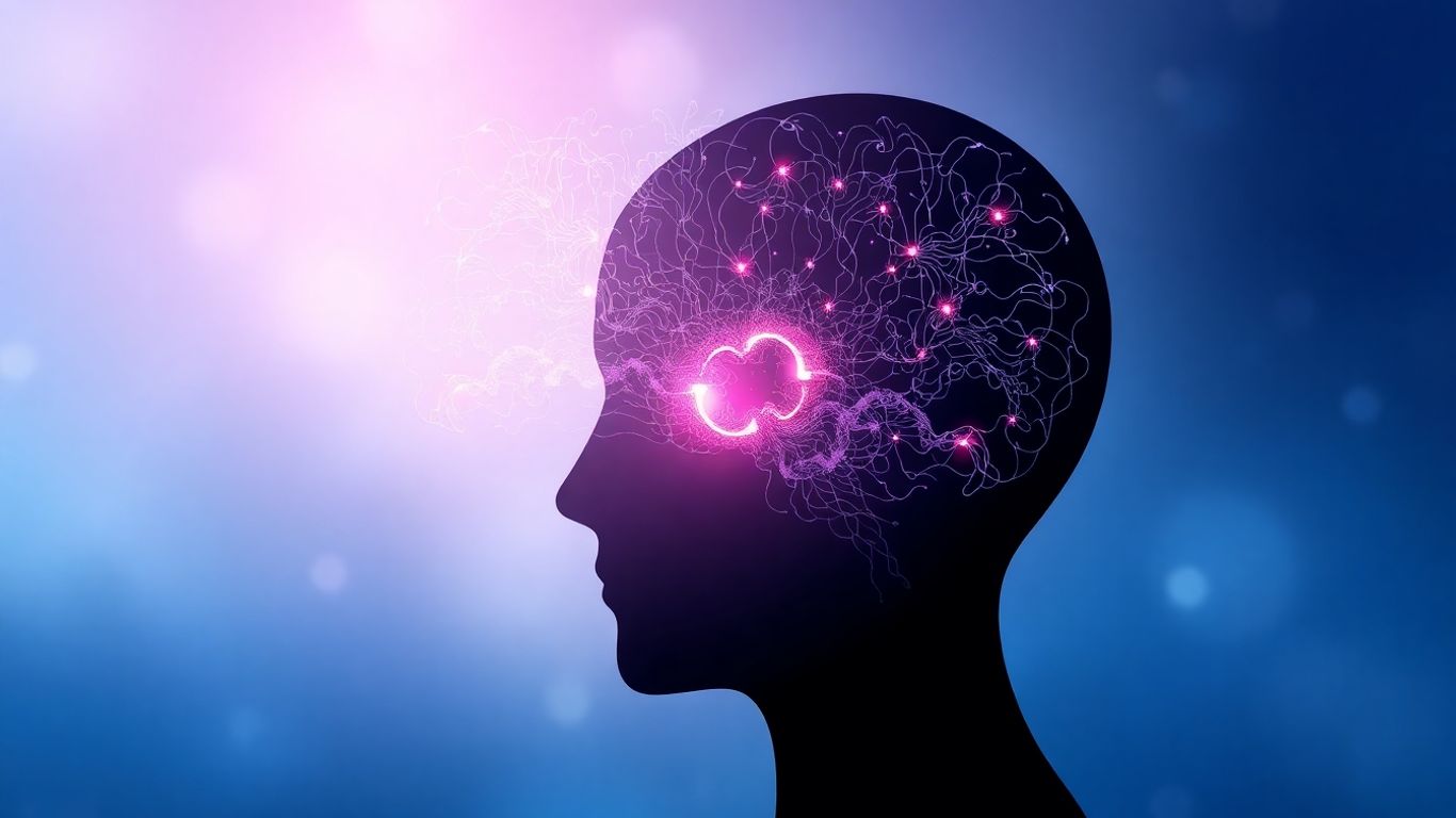 Human head silhouette with digital patterns and glowing neural pathways.