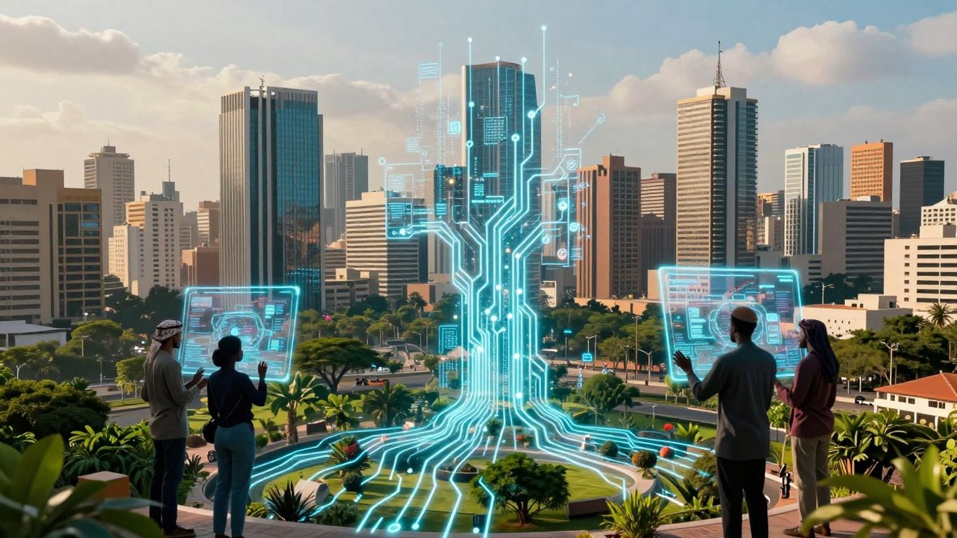 African cityscape with futuristic technology and greenery.