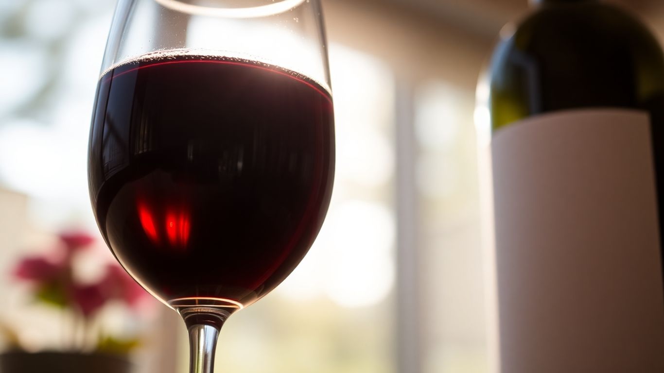 Garrafa e taça de vinho com luz solar.