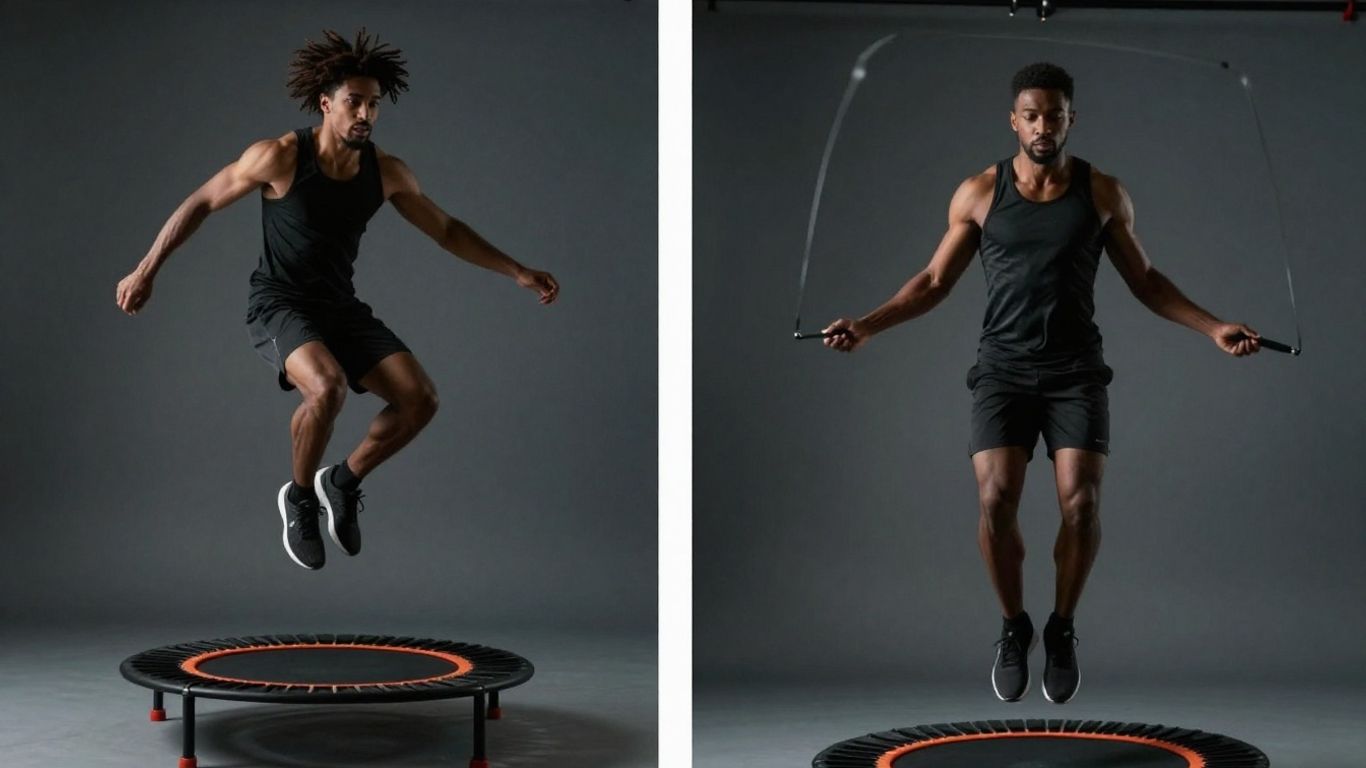 Person on rebounder and person jumping rope.