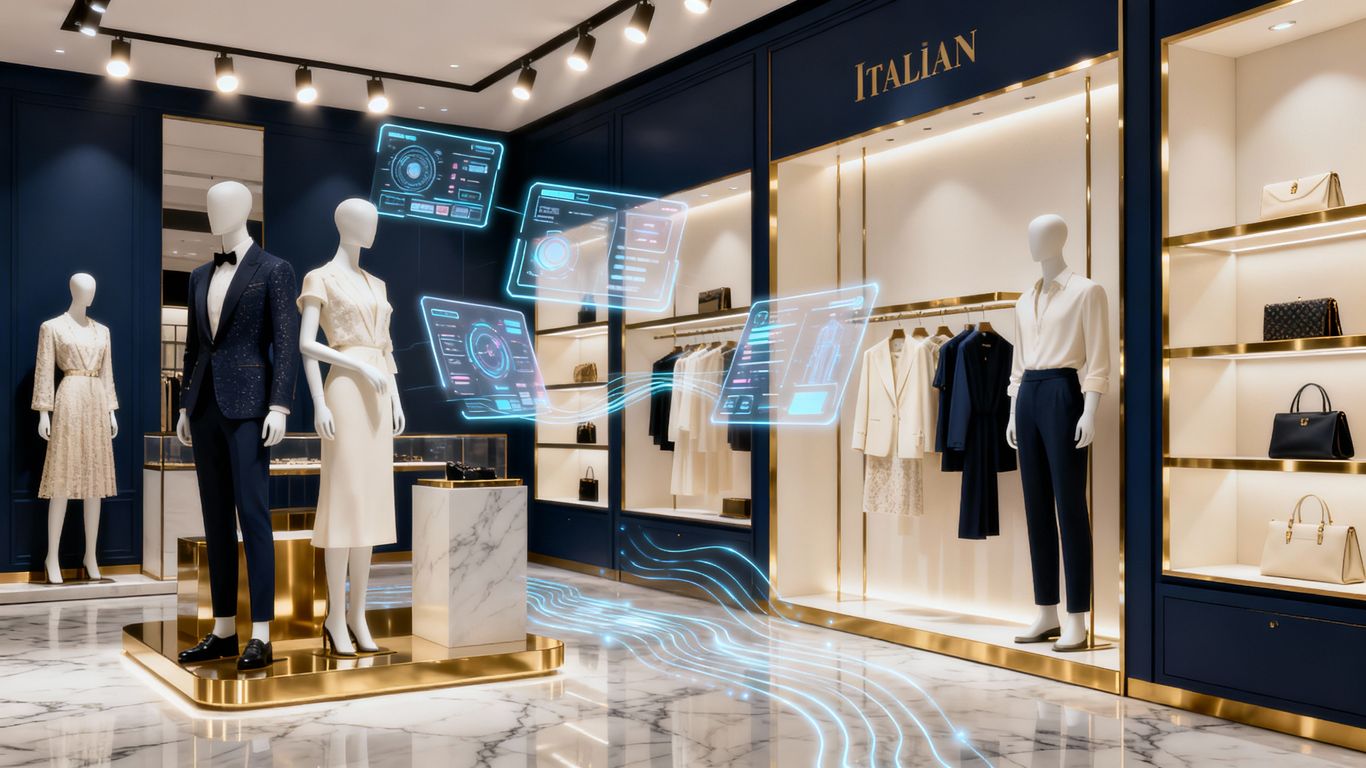 Luxurious digital storefront with mannequins and advanced technology