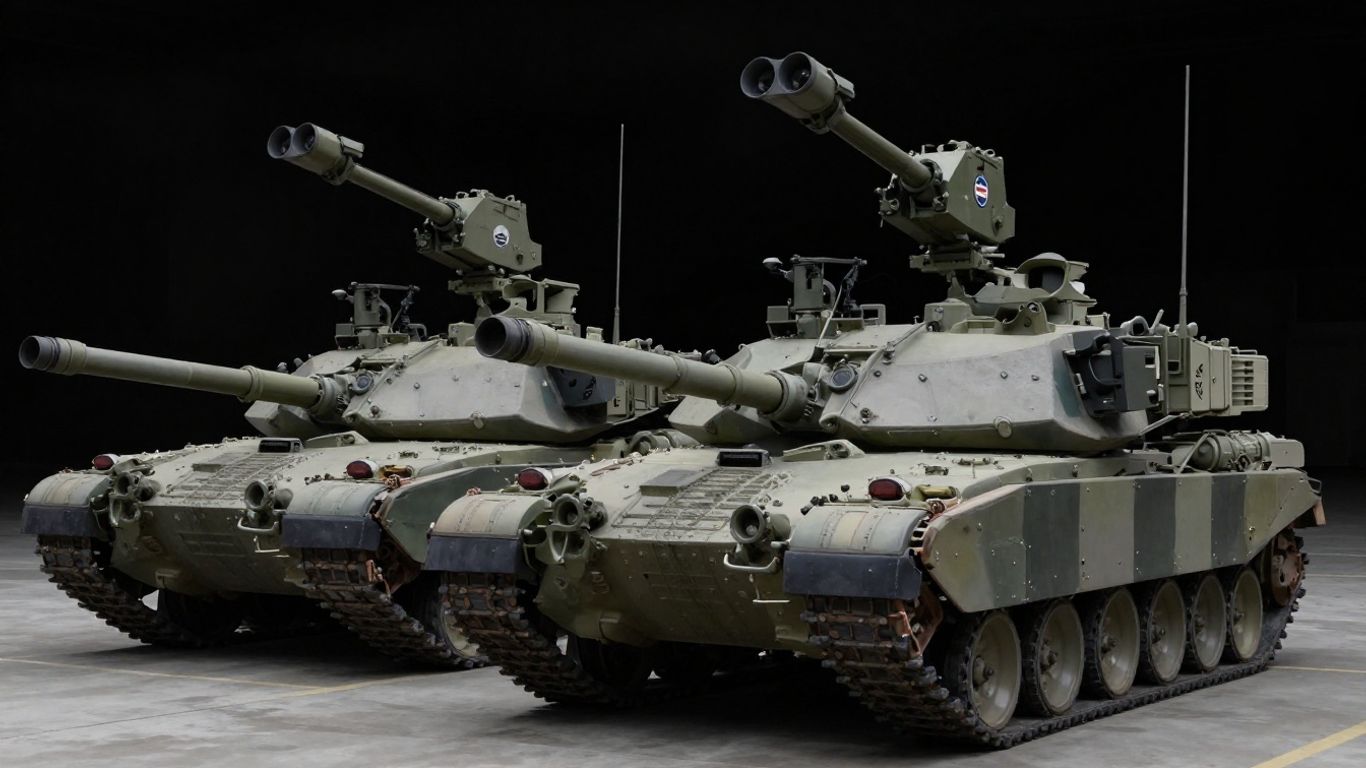Abrams tank and Bradley IFV with Bullfrog counter-drone turret.