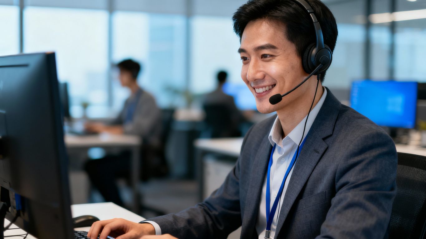 IT help desk technician assisting a user with a computer.