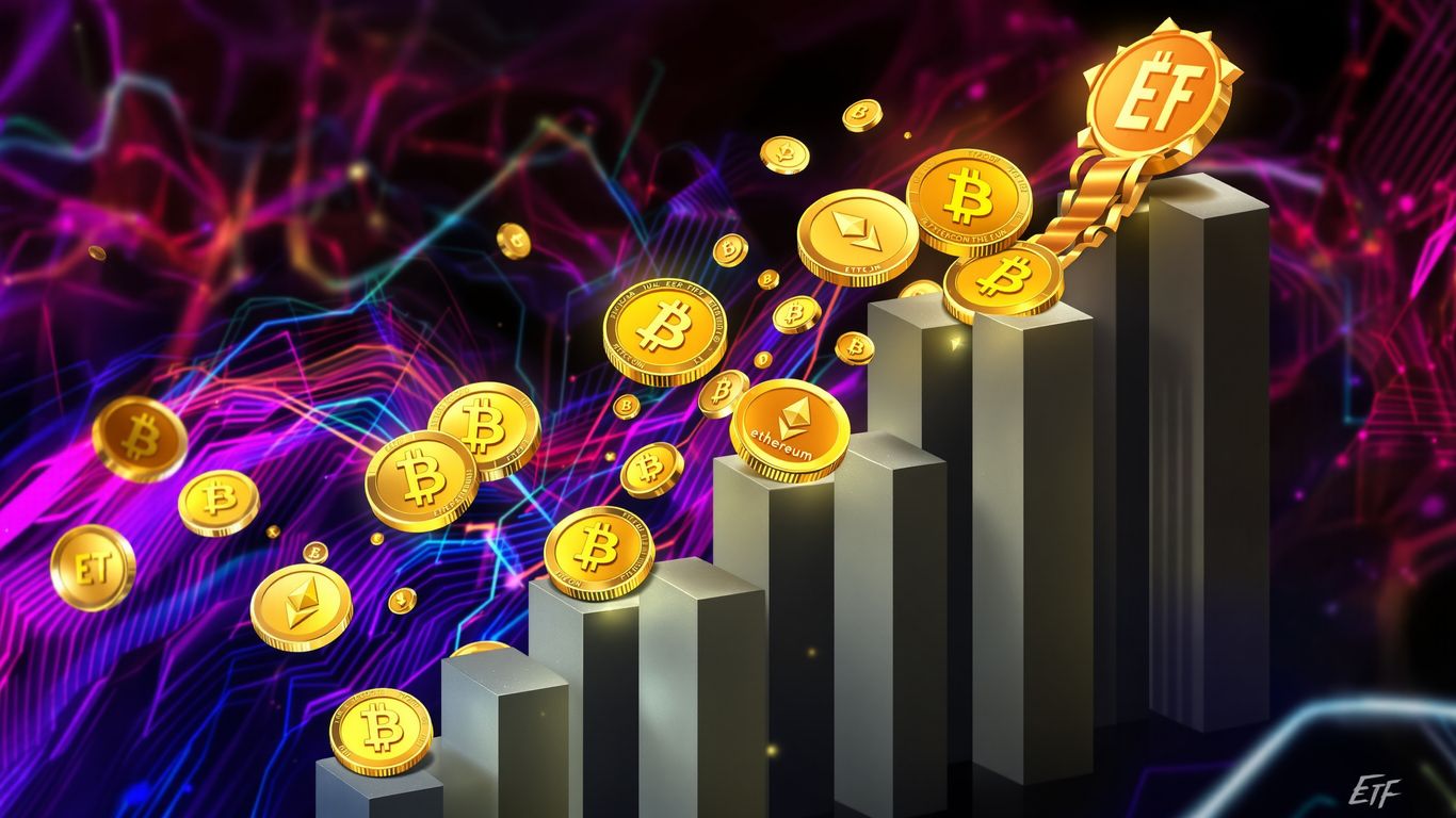Golden crypto coins flowing into ETF structure with upward trend.