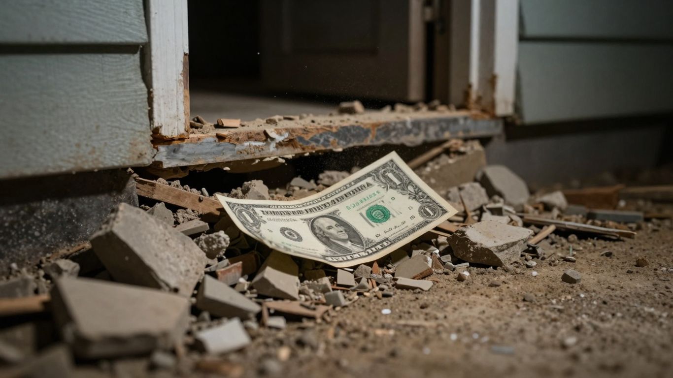 Cracked house foundation with a dollar bill.
