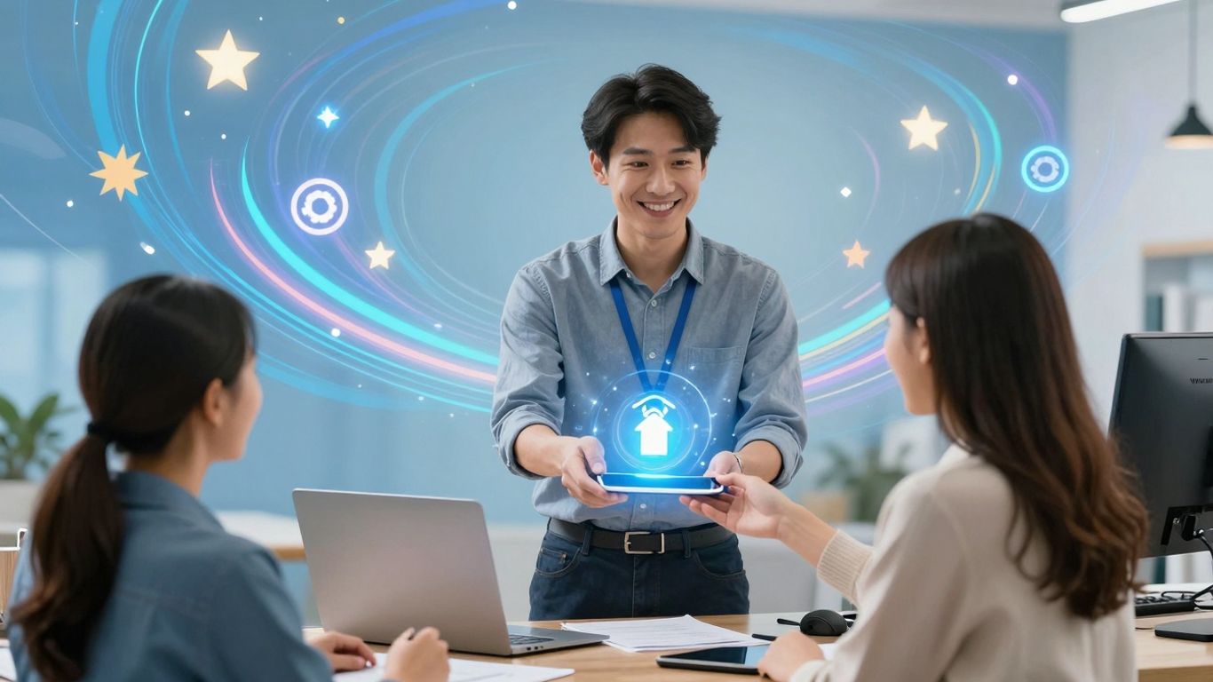 Customer receiving loyalty reward from ecommerce representative.