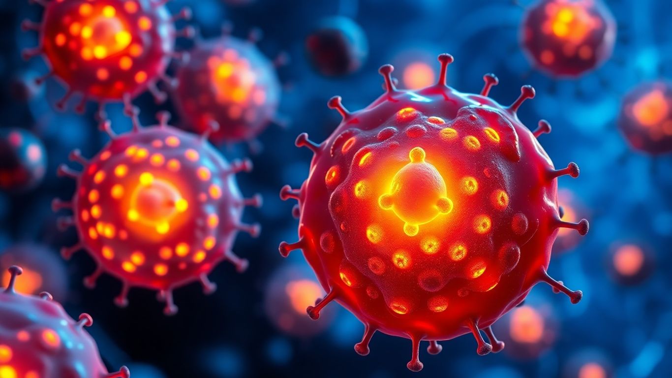 Glowing mitochondria in human cells with blue background