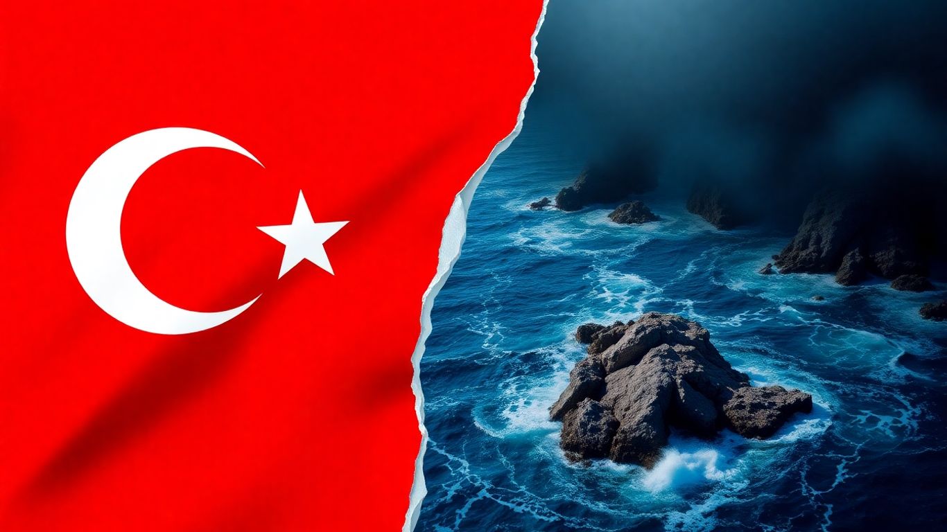 Torn Turkish flag over Mediterranean Sea and stormy waters.