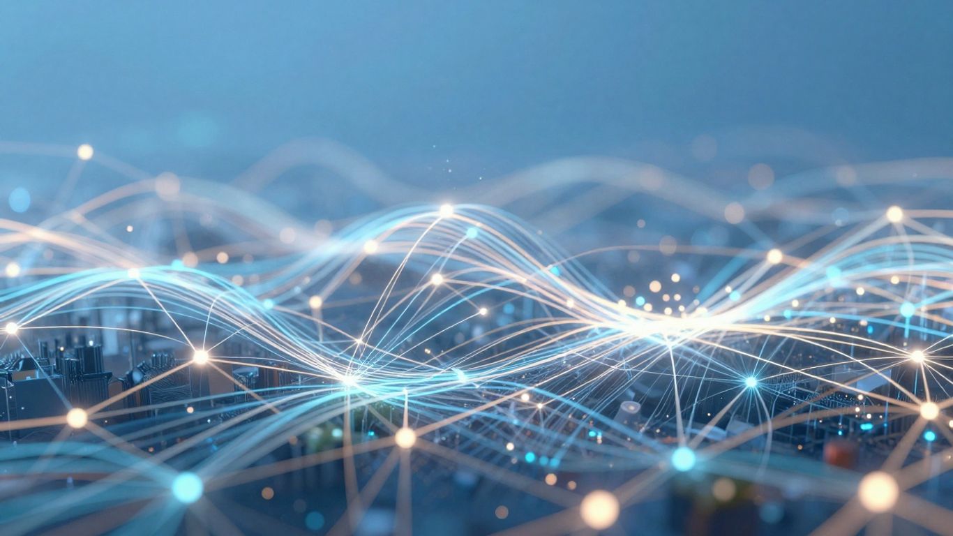 Vizualizare abstractă a fluxurilor de date digitale interconectate.