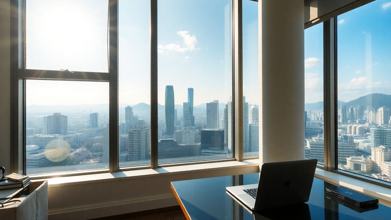 Taipei apartment with city view and laptop.