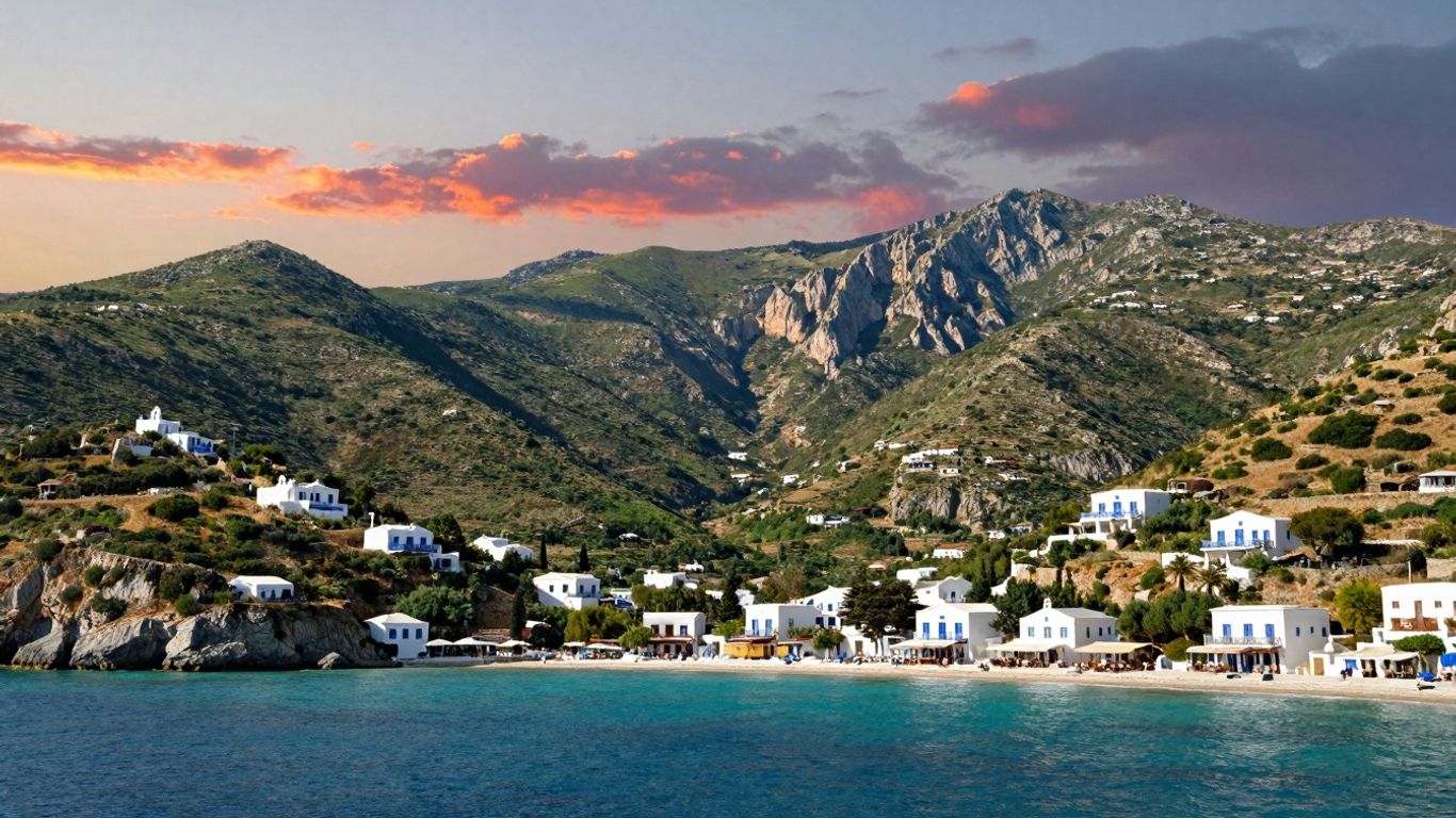 Skopelos Island sunset vista with turquoise sea and green hills.