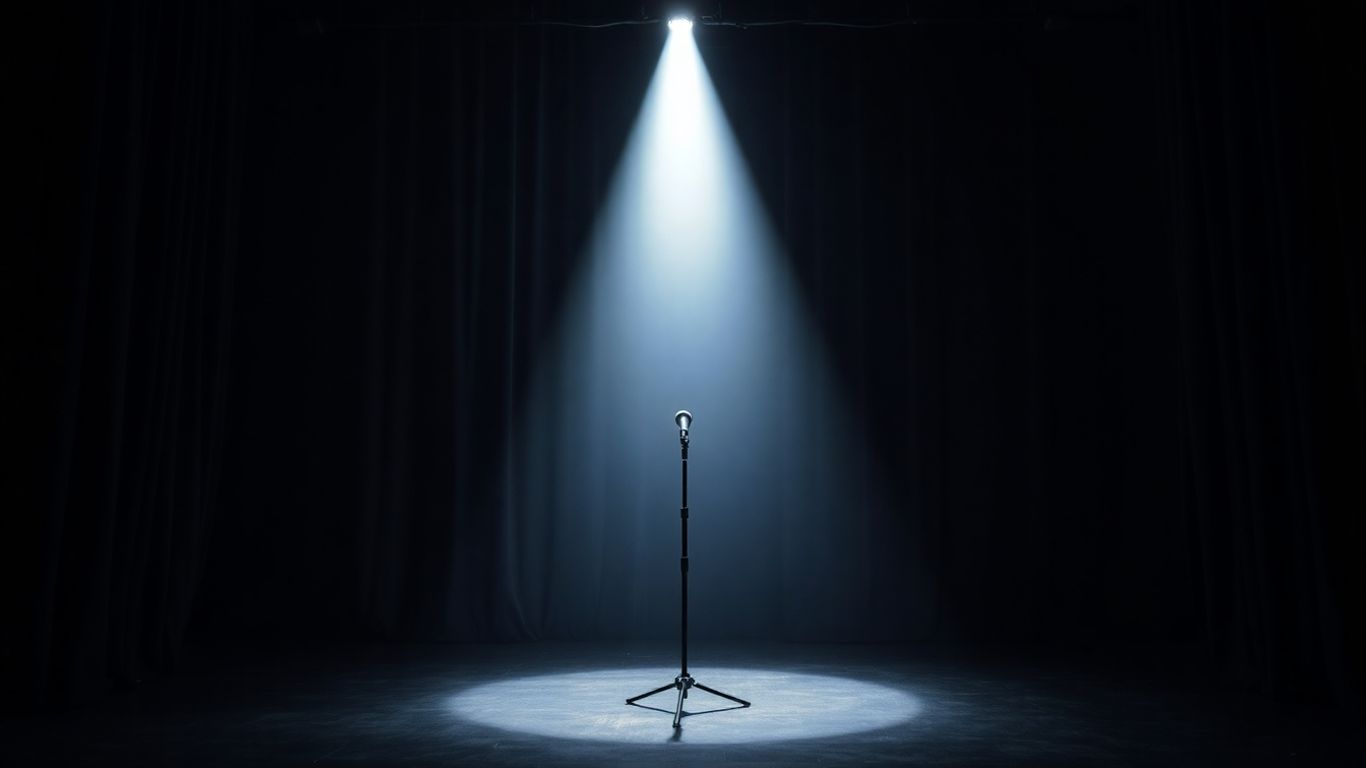 Empty comedy club stage with a microphone stand.