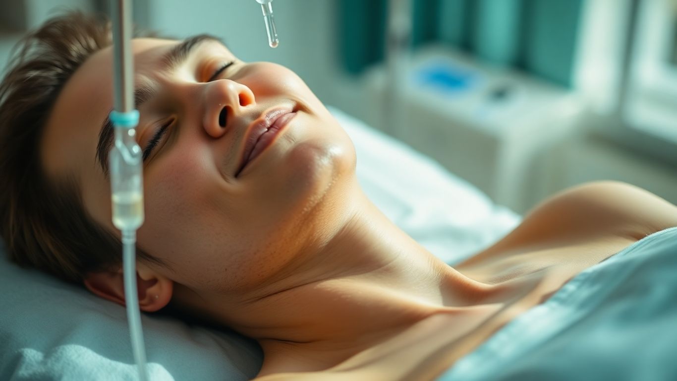 Person receiving IV therapy for post-travel recovery.