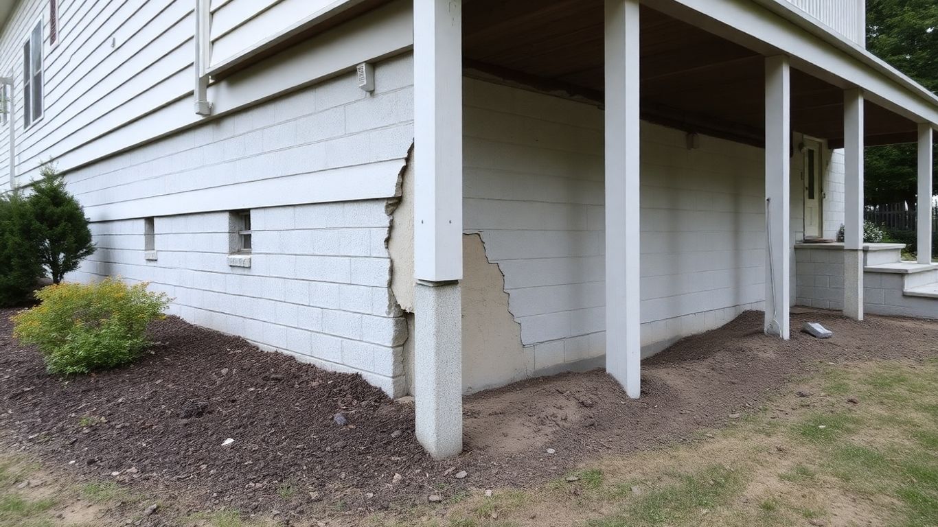 House foundation with cracks and uneven settling.