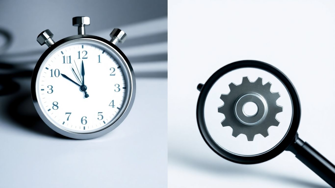 Stopwatch and magnifying glass symbolizing speed and quality.