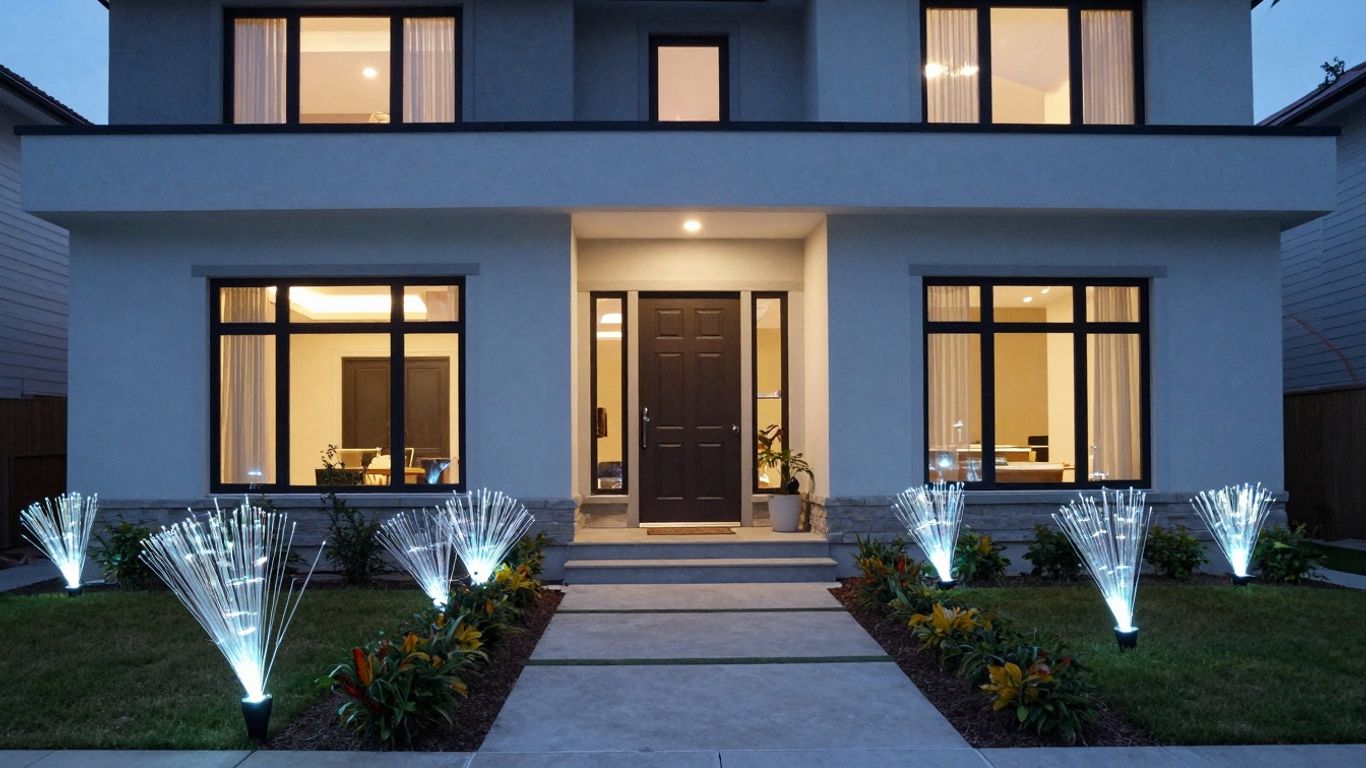 Casa moderna com cabos de fibra ótica iluminados no jardim.