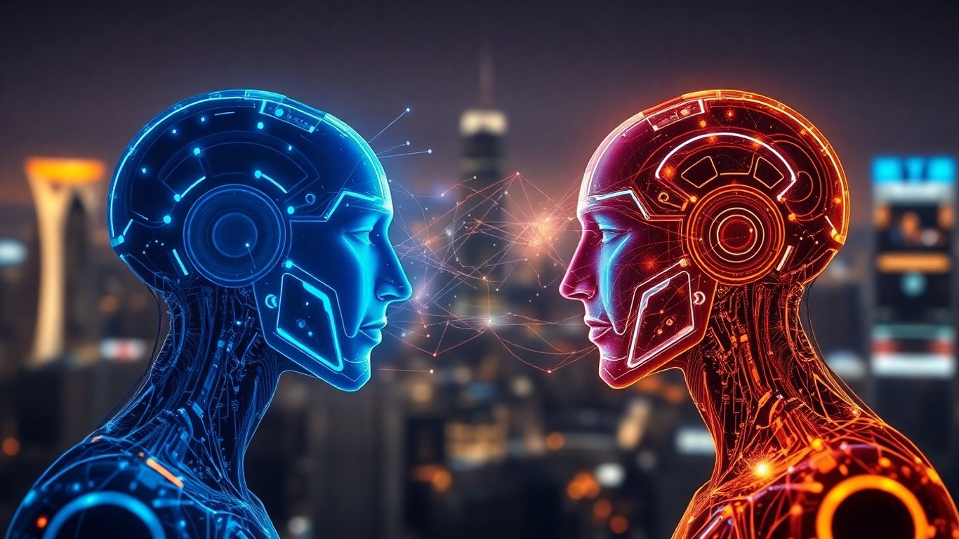 AI interfaces clash in a futuristic digital battle.