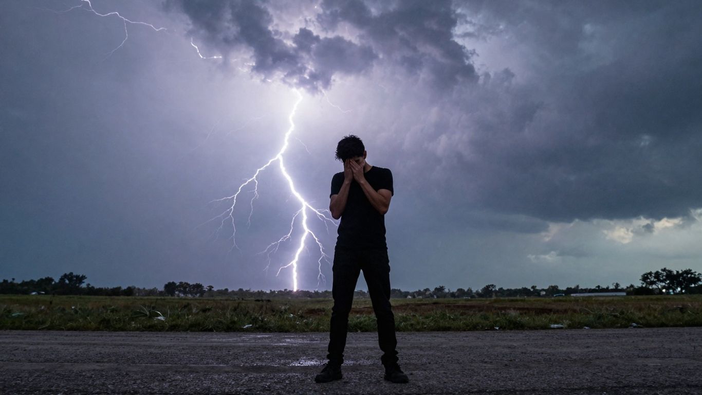 Person silhouetted against stormy sky with lightning.