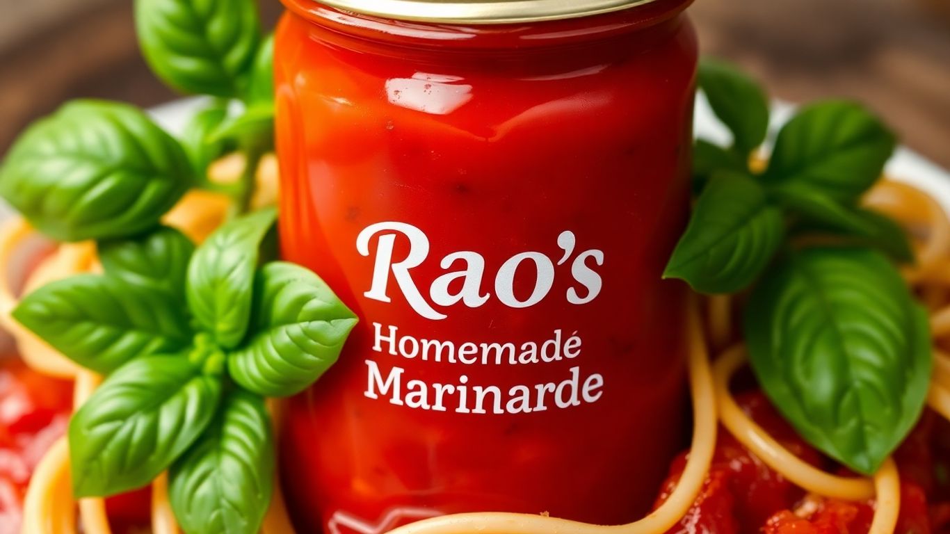 Jar of Rao's Homemade Marinara sauce with pasta and basil.