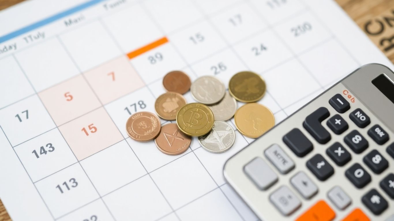 Calendário com dinheiro e calculadora para subsídio de férias.