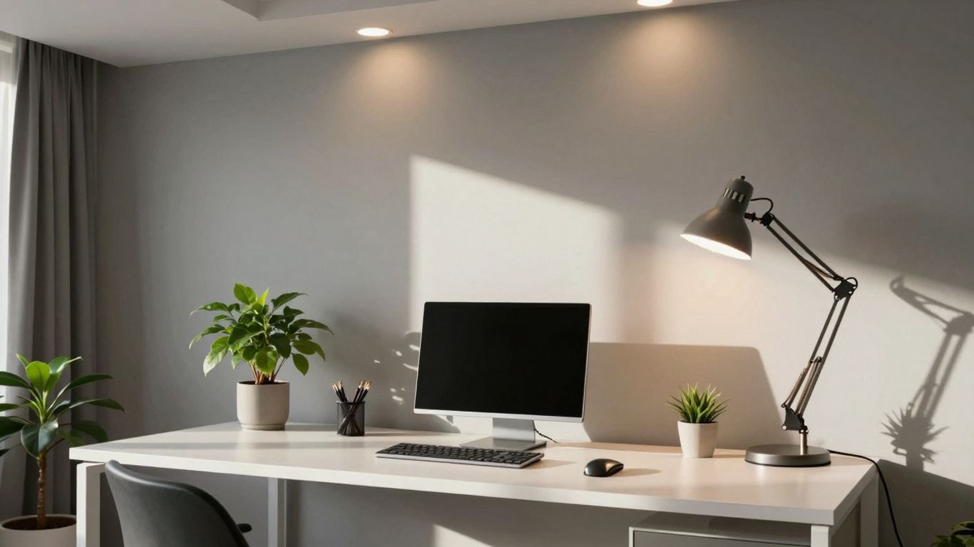 Bright home office with modern desk lamp and ambient lighting.