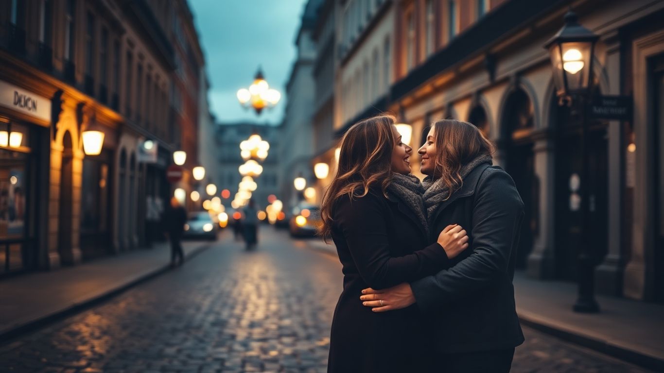 Couple on a romantic London street at night.
