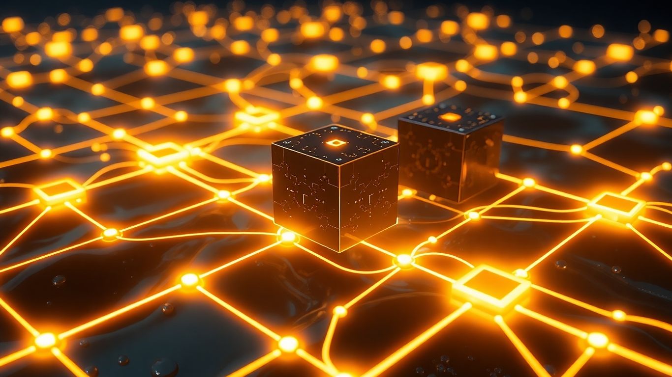 Decentralized blockchain network with interconnected digital blocks.