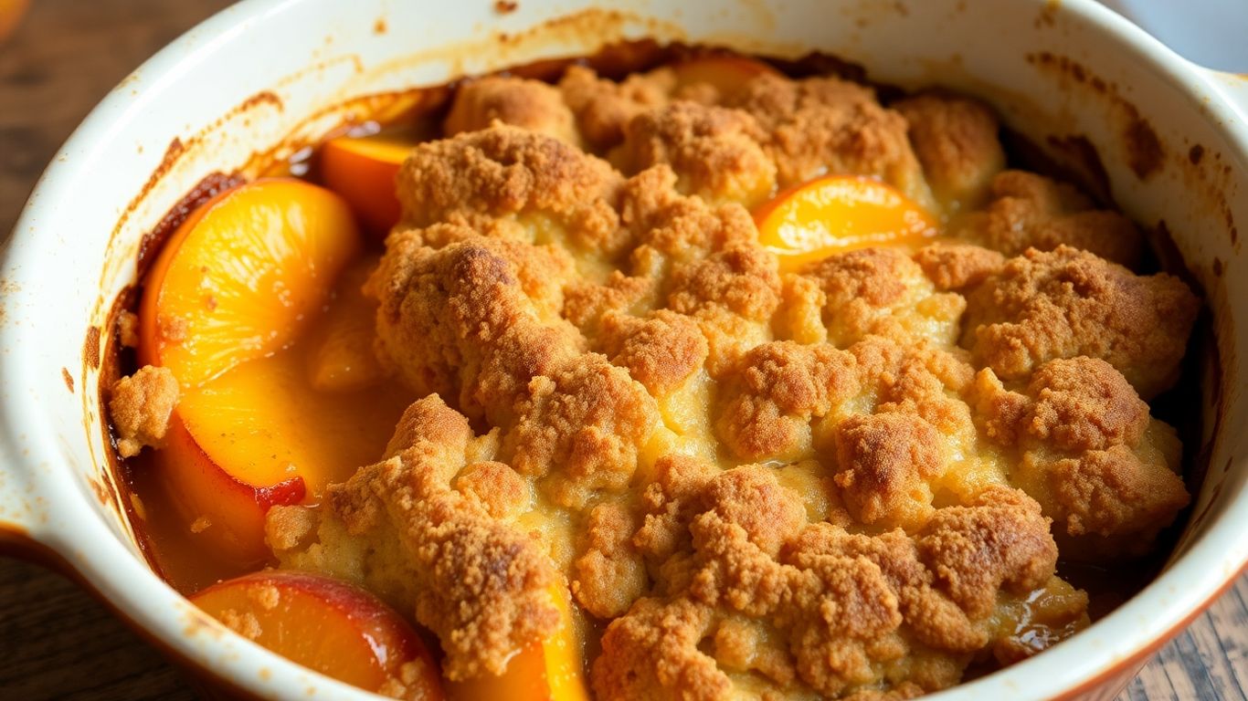 Peach pumpkin cobbler with crumbly topping in baking dish.