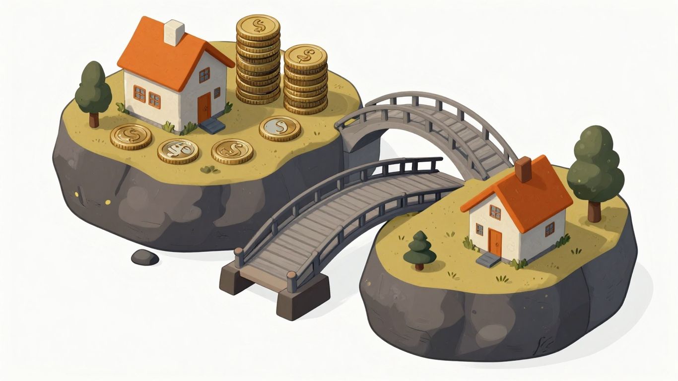 Cartoon bridge connecting two sides with coins and houses.