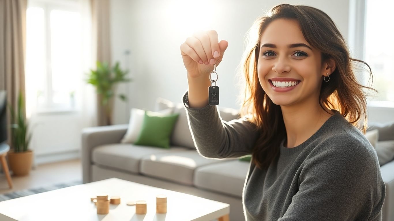 Persona feliz con llave y monedas junto a casa.