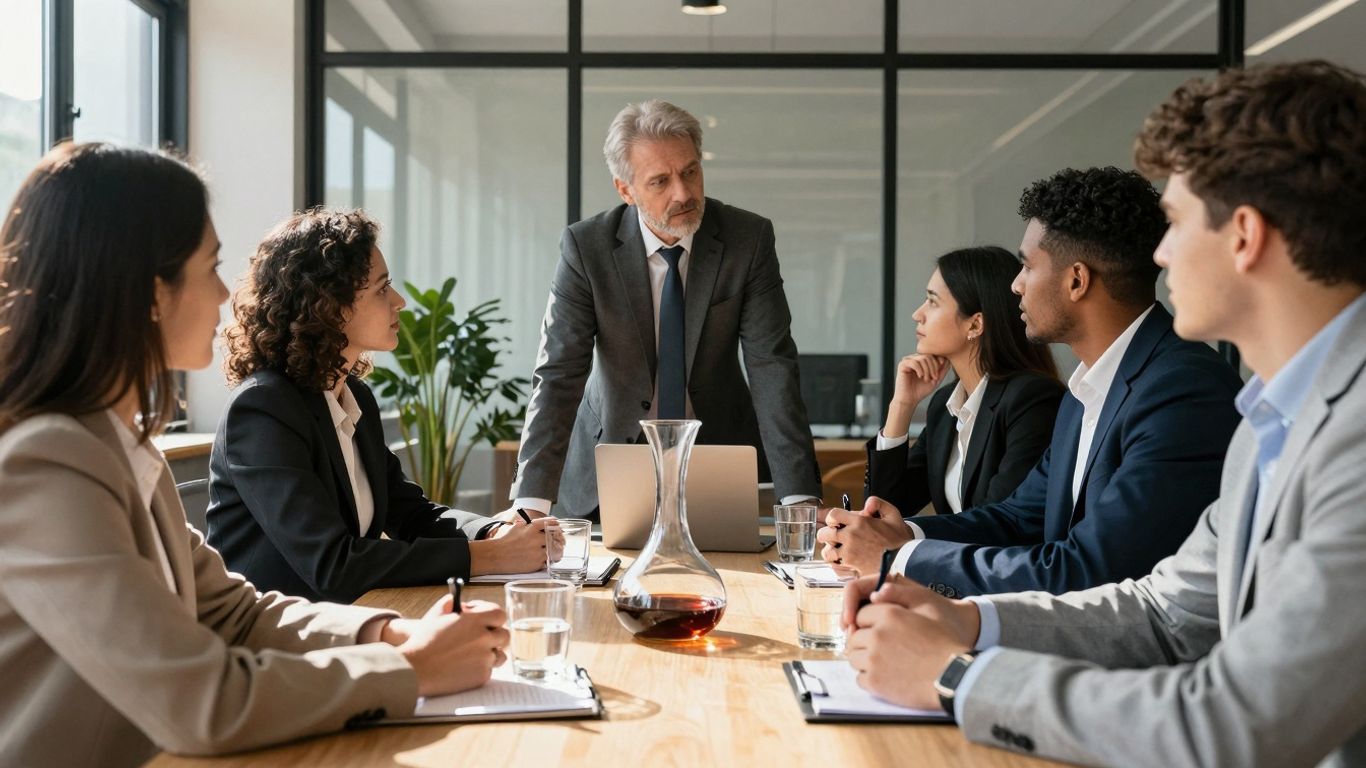 Team discussing crypto fund strategy in a modern office.