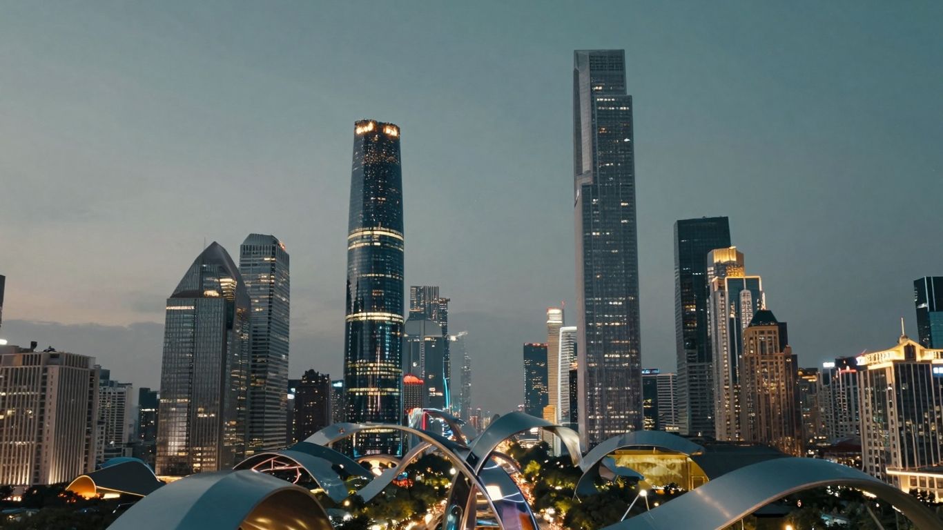 Cityscape with digital streams merging traditional and digital elements.