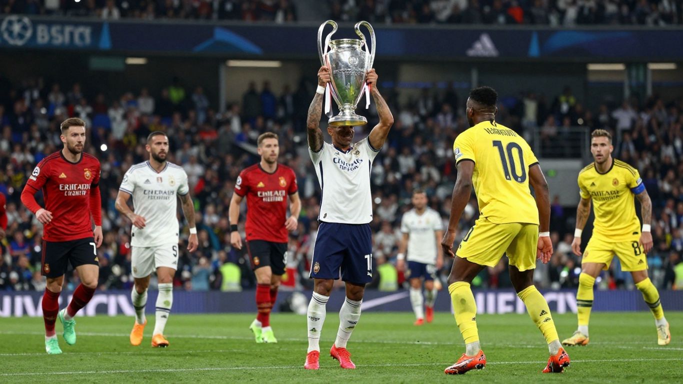 Champions League trophy and players on a football pitch.