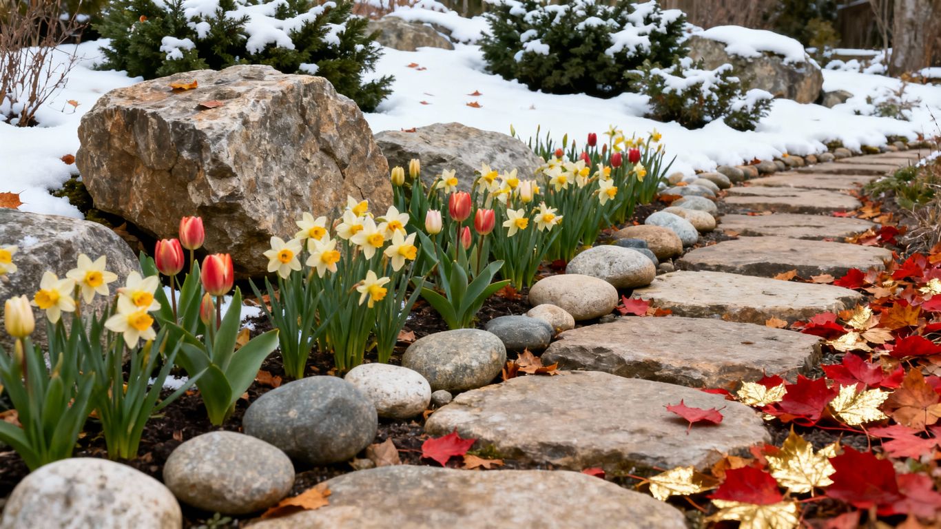 Seasonal rock garden arrangements with flowers, leaves, and snow.