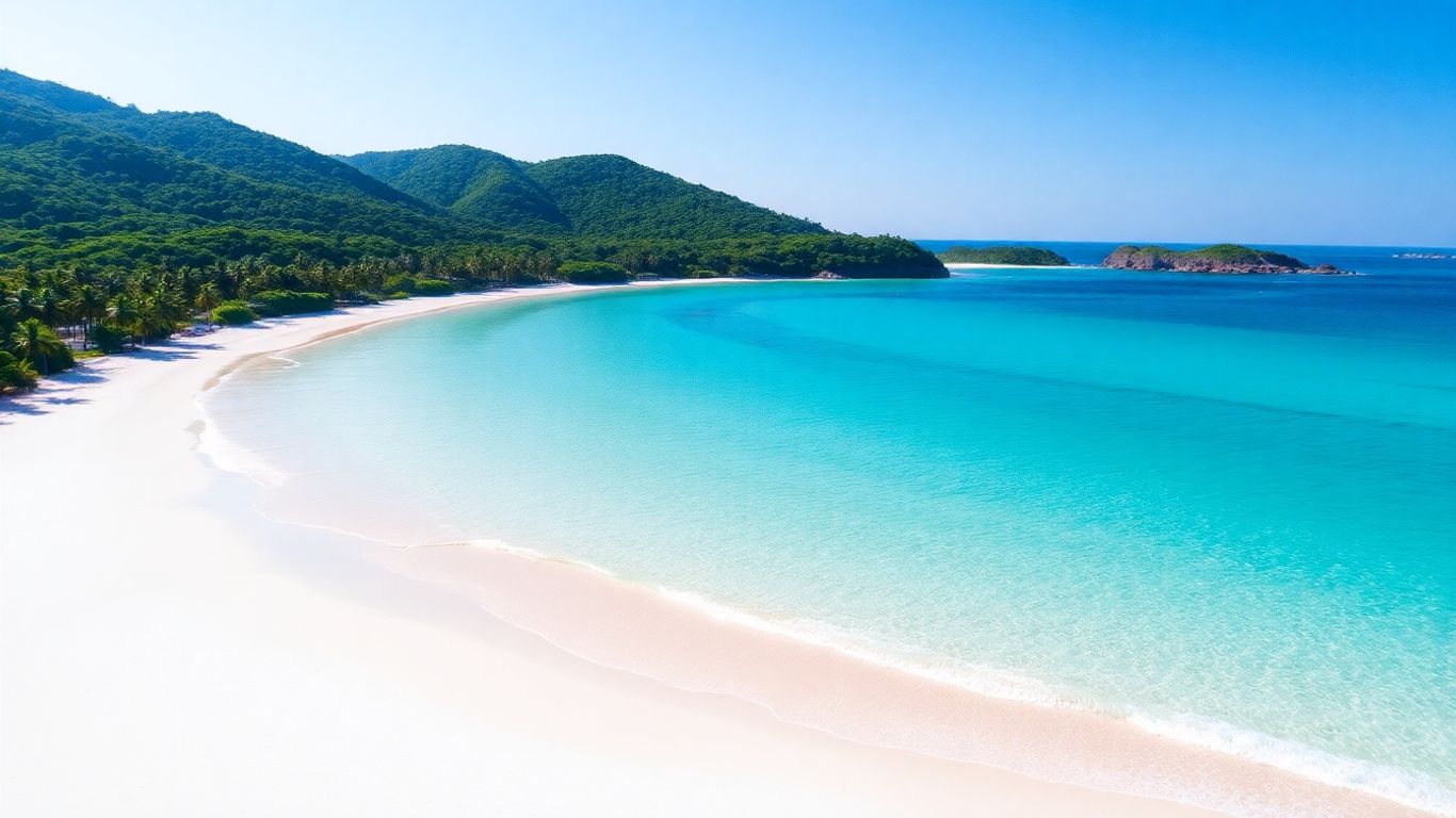 Turquoise water meets white sand beach with green hills.