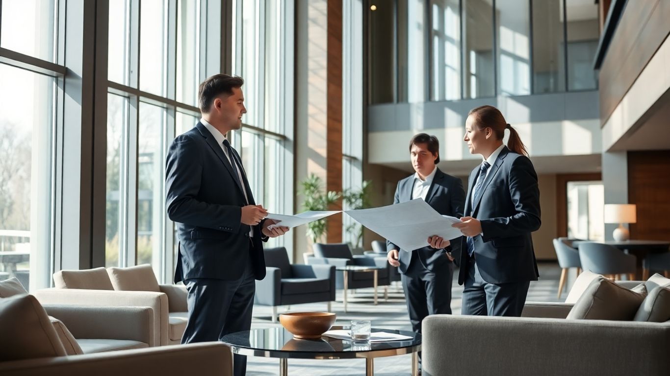 Consultant et directeur d'hôtel discutant dans un lobby